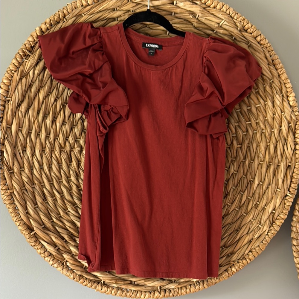 Express Satin Ruffled Flutter Sleeve Blouse - Rust